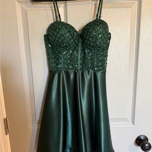 Lulu's Emerald Green Beaded Satin Prom Dress